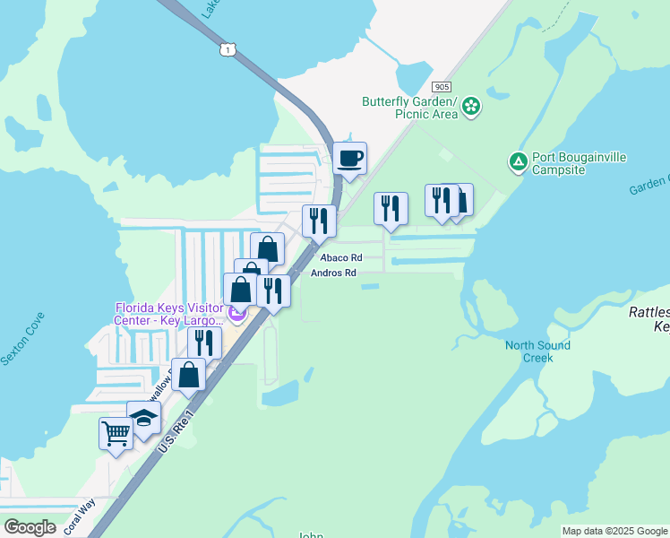 map of restaurants, bars, coffee shops, grocery stores, and more near 8 Andros Road in Key Largo