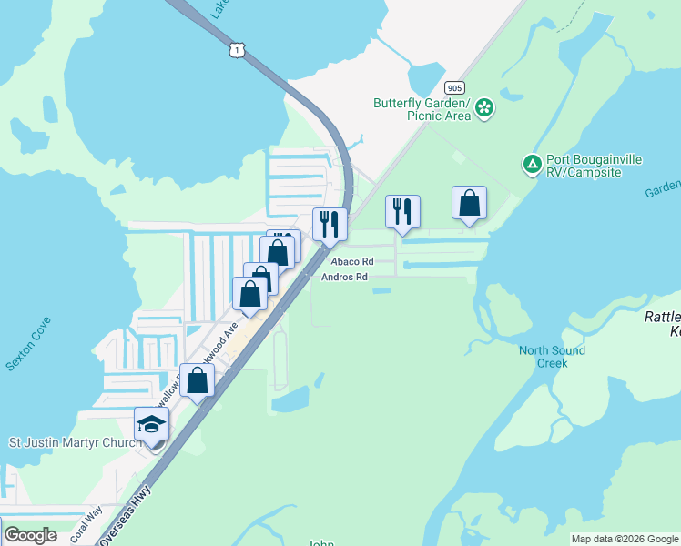 map of restaurants, bars, coffee shops, grocery stores, and more near 8 Andros Road in Key Largo