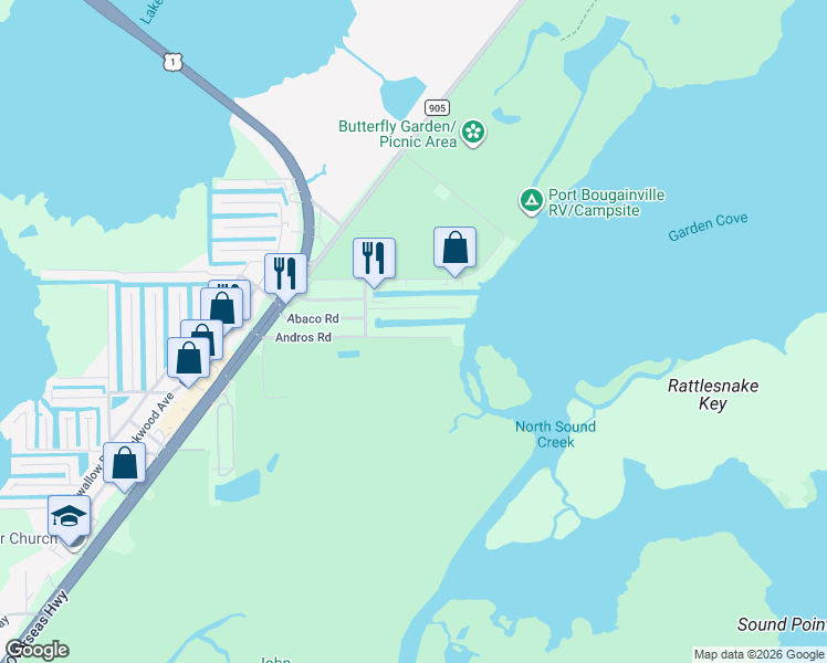 map of restaurants, bars, coffee shops, grocery stores, and more near 52 Andros Road in Key Largo