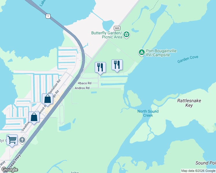 map of restaurants, bars, coffee shops, grocery stores, and more near 52 Andros Road in Key Largo