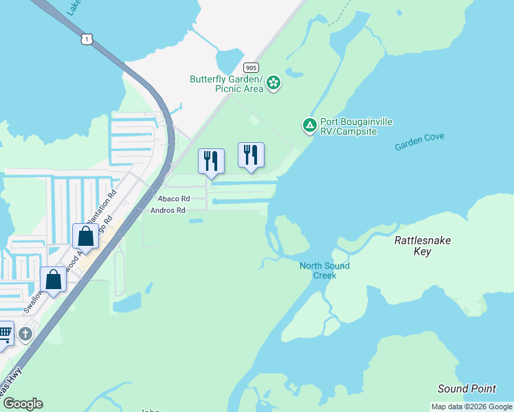 map of restaurants, bars, coffee shops, grocery stores, and more near 66 Andros Road in Key Largo