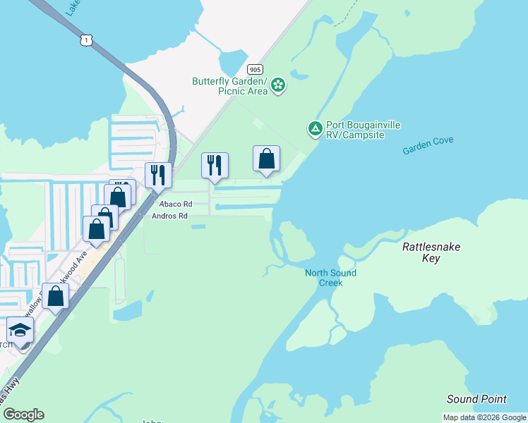 map of restaurants, bars, coffee shops, grocery stores, and more near 66 Andros Road in Key Largo