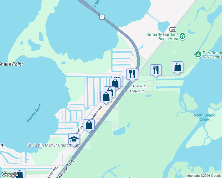 map of restaurants, bars, coffee shops, grocery stores, and more near 728 Largo Road in Key Largo