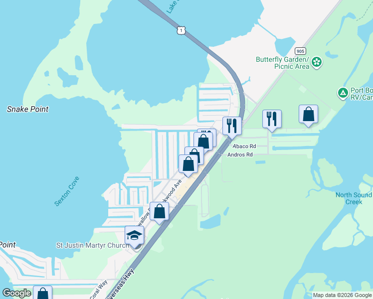 map of restaurants, bars, coffee shops, grocery stores, and more near 219 Upper Matecumbe Road in Key Largo