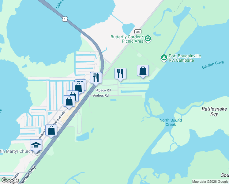map of restaurants, bars, coffee shops, grocery stores, and more near 15 North End Road in Key Largo