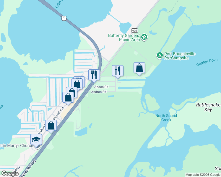 map of restaurants, bars, coffee shops, grocery stores, and more near 15 North End Road in Key Largo