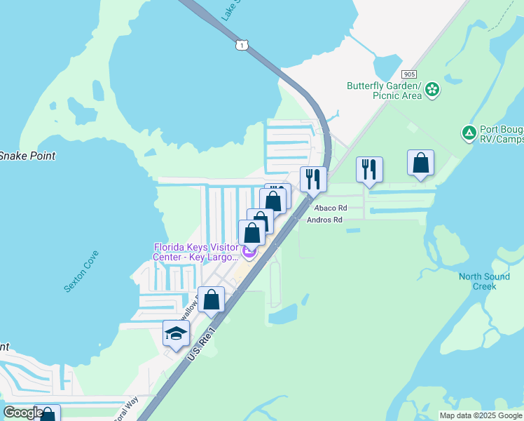 map of restaurants, bars, coffee shops, grocery stores, and more near 301 Windley Road in Key Largo