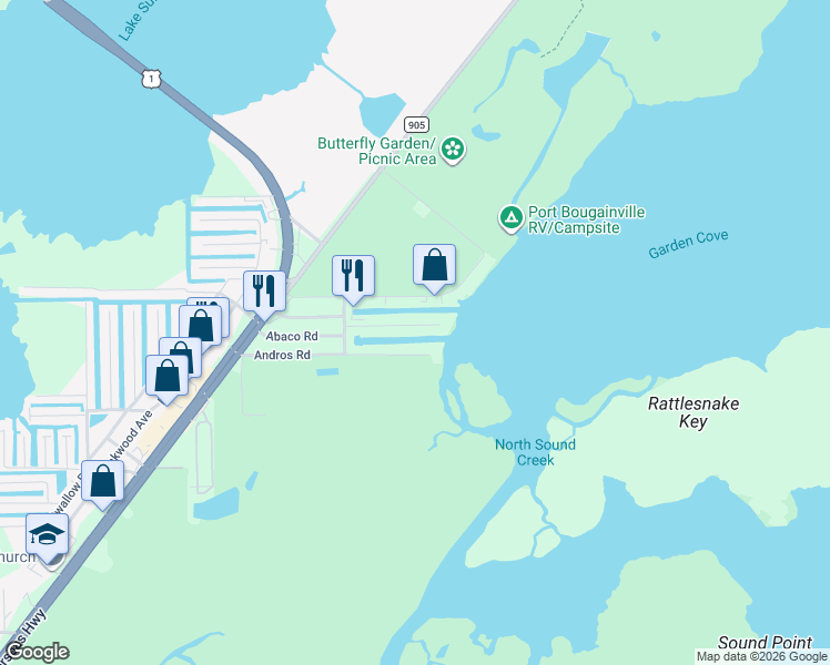 map of restaurants, bars, coffee shops, grocery stores, and more near 30 South Exuma Road in Key Largo