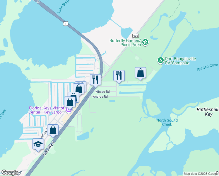 map of restaurants, bars, coffee shops, grocery stores, and more near 15 North End Rd in Key Largo