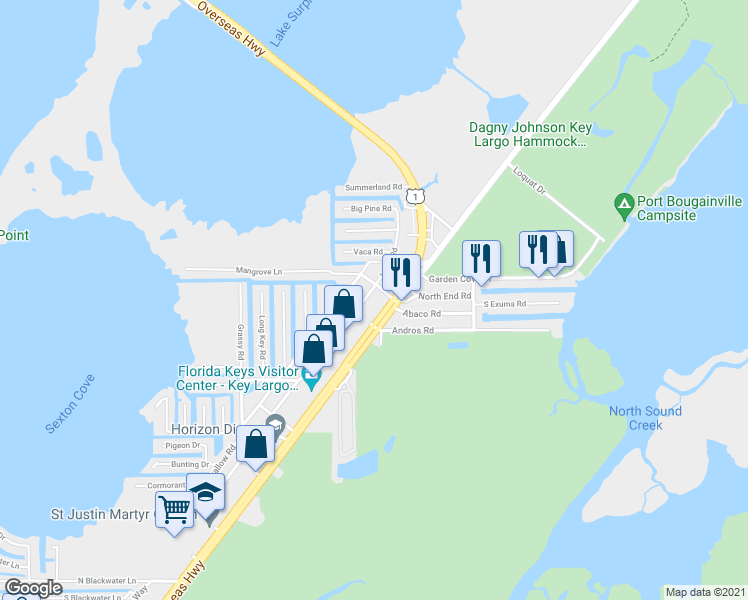 map of restaurants, bars, coffee shops, grocery stores, and more near 106280 Overseas Highway in Key Largo