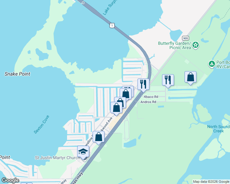 map of restaurants, bars, coffee shops, grocery stores, and more near 249 Upper Matecumbe Road in Key Largo