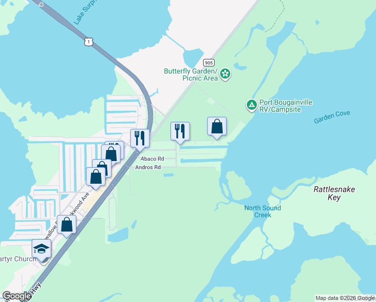 map of restaurants, bars, coffee shops, grocery stores, and more near 21 Garden Cove Drive in Key Largo