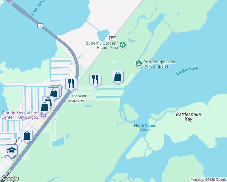 map of restaurants, bars, coffee shops, grocery stores, and more near 30 South Exuma Road in Key Largo