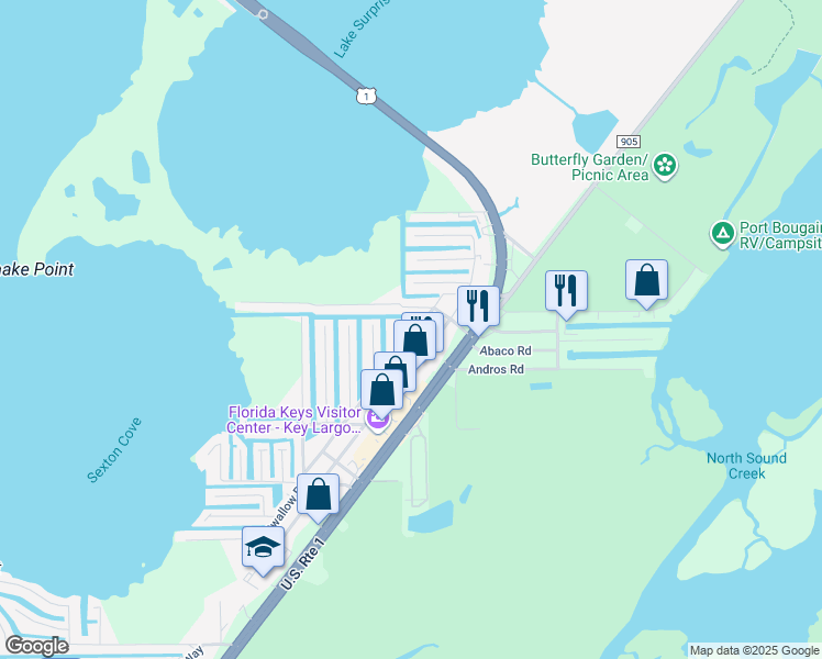 map of restaurants, bars, coffee shops, grocery stores, and more near 951 Plantation Road in Key Largo