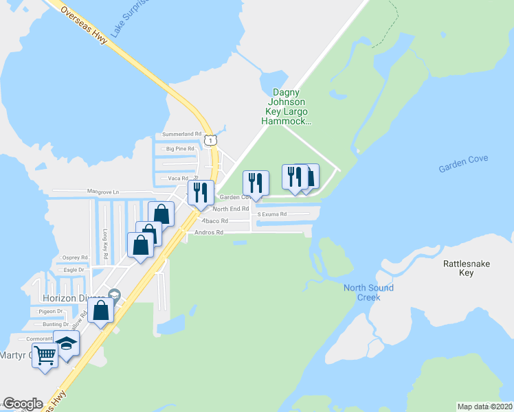 map of restaurants, bars, coffee shops, grocery stores, and more near 21 Garden Cove Dr in Key Largo
