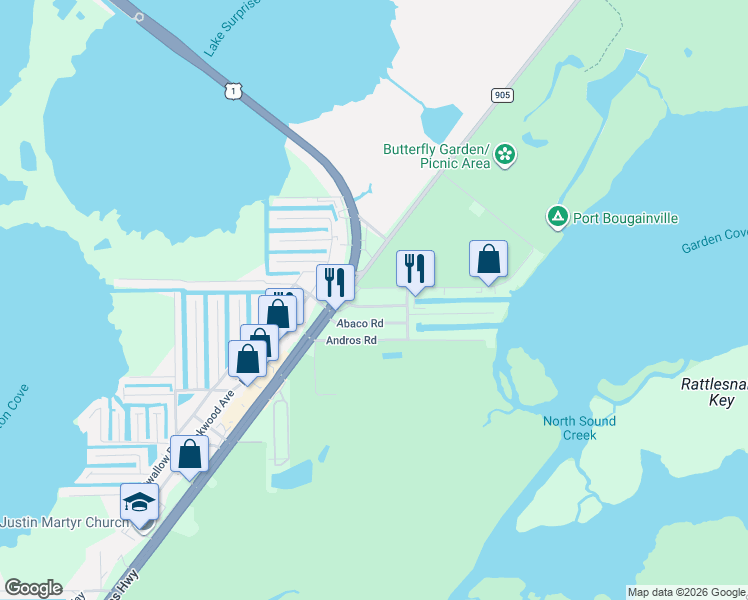 map of restaurants, bars, coffee shops, grocery stores, and more near 15 North End Road in Key Largo