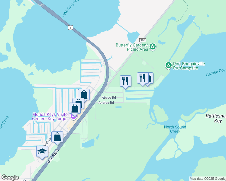 map of restaurants, bars, coffee shops, grocery stores, and more near 15 North End Road in Key Largo
