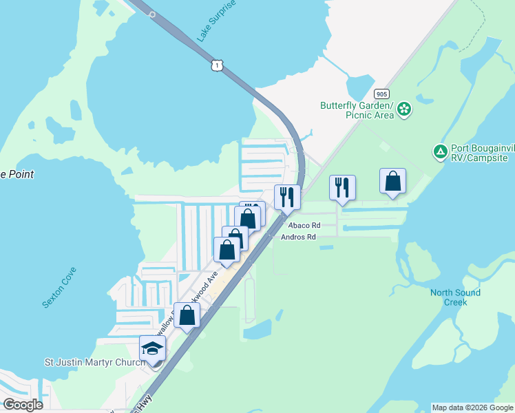 map of restaurants, bars, coffee shops, grocery stores, and more near 951 Plantation Road in Key Largo