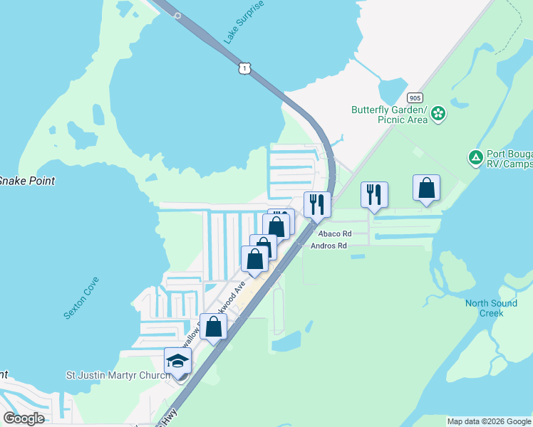 map of restaurants, bars, coffee shops, grocery stores, and more near 951 Plantation Road in Key Largo