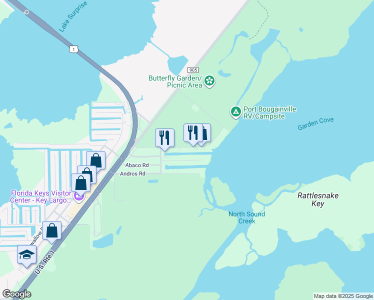 map of restaurants, bars, coffee shops, grocery stores, and more near 39 Garden Cove Drive in Key Largo