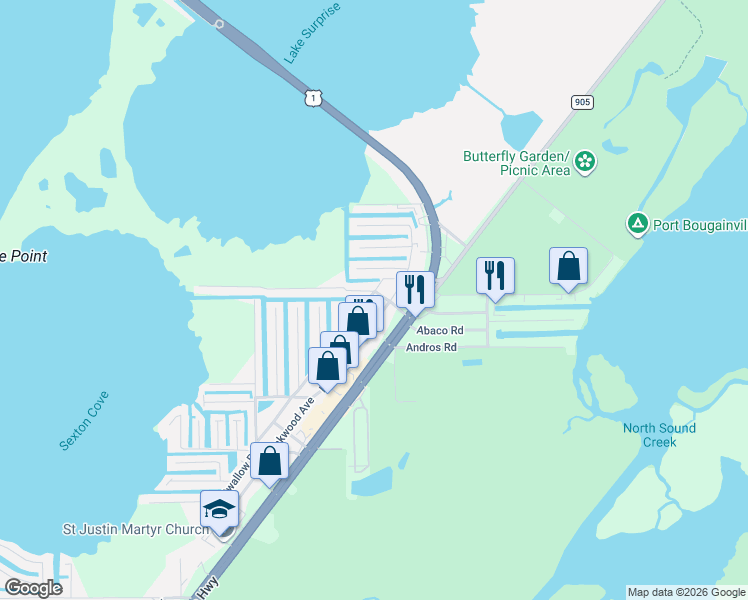 map of restaurants, bars, coffee shops, grocery stores, and more near 106280 Overseas Highway in Key Largo
