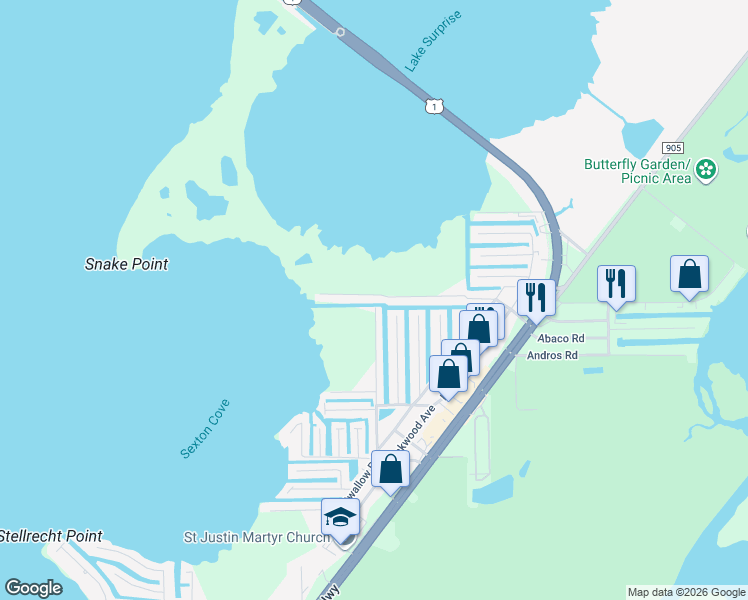 map of restaurants, bars, coffee shops, grocery stores, and more near 23 Mangrove Lane in Key Largo