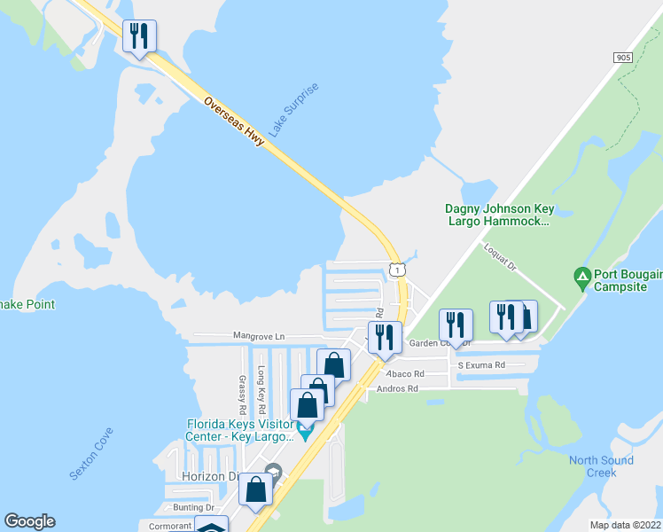 map of restaurants, bars, coffee shops, grocery stores, and more near 484 Summerland Road in Key Largo
