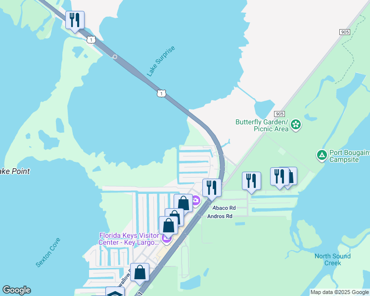 map of restaurants, bars, coffee shops, grocery stores, and more near 484 Summerland Road in Key Largo