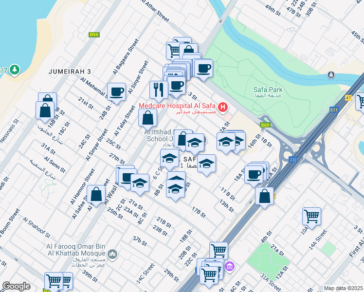 map of restaurants, bars, coffee shops, grocery stores, and more near 28 8 B Street in Dubai