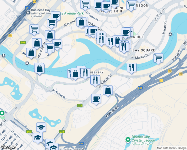 map of restaurants, bars, coffee shops, grocery stores, and more near in دبي