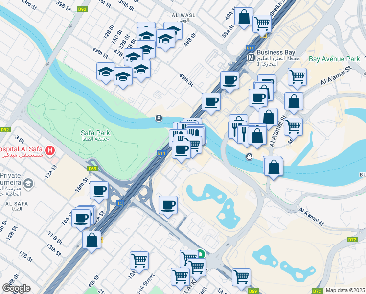 map of restaurants, bars, coffee shops, grocery stores, and more near شارع الشيخ زايد in دبي