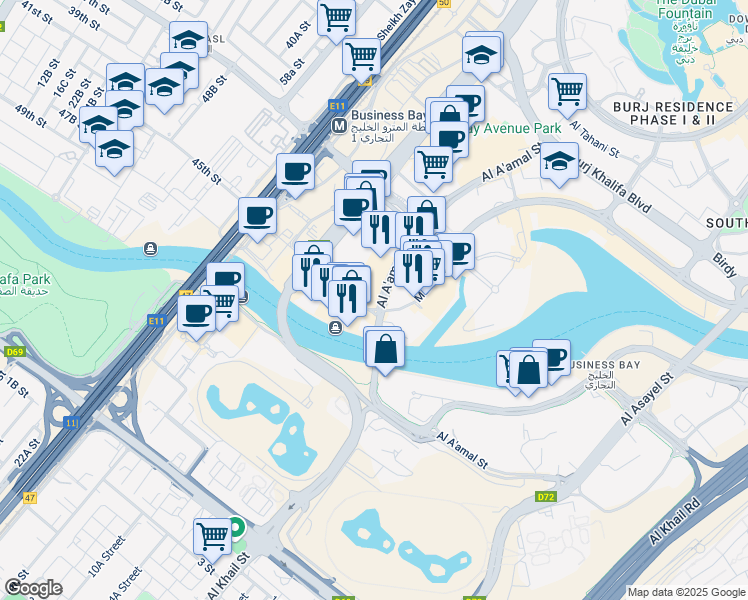 map of restaurants, bars, coffee shops, grocery stores, and more near Marasi Drive in Dubai