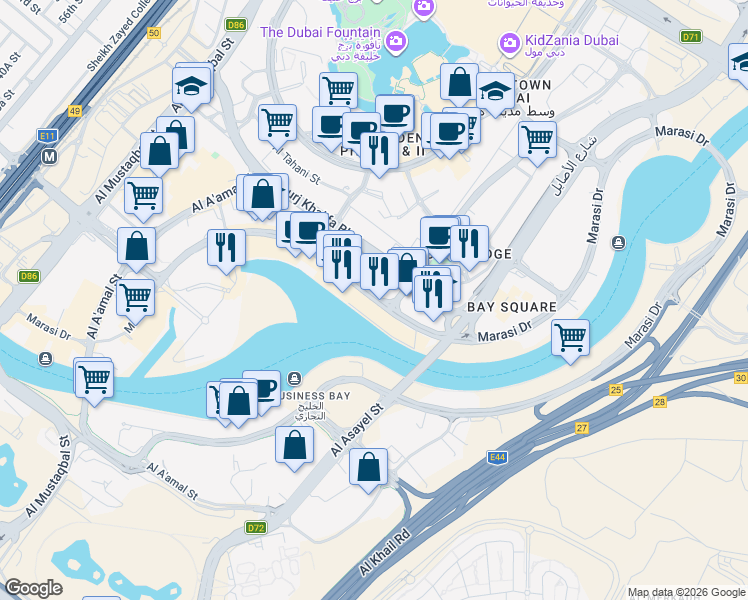 map of restaurants, bars, coffee shops, grocery stores, and more near Marasi Drive in Dubai