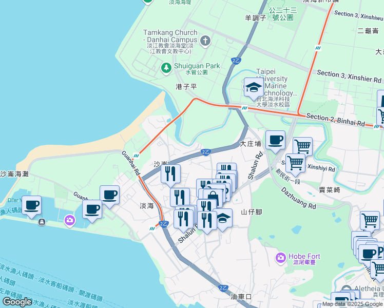 map of restaurants, bars, coffee shops, grocery stores, and more near 143 Section 2, Zhongzheng Road in Tamsui District