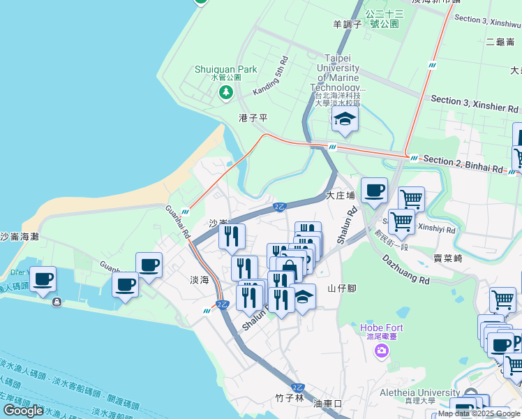 map of restaurants, bars, coffee shops, grocery stores, and more near 143 Section 2, Zhongzheng Road in Tamsui District