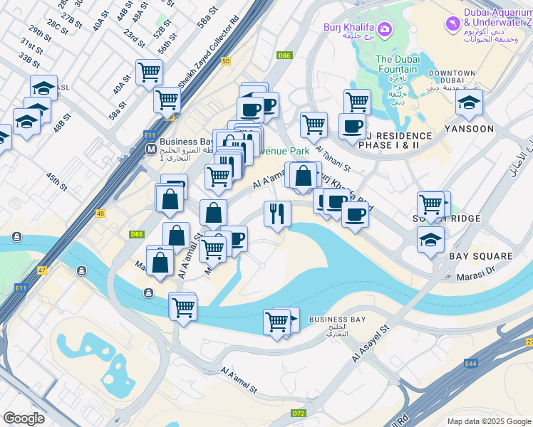 map of restaurants, bars, coffee shops, grocery stores, and more near Marasi Drive in Dubai