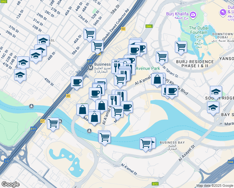 map of restaurants, bars, coffee shops, grocery stores, and more near Al Khaleej Al Tejari 1 Street in Dubai