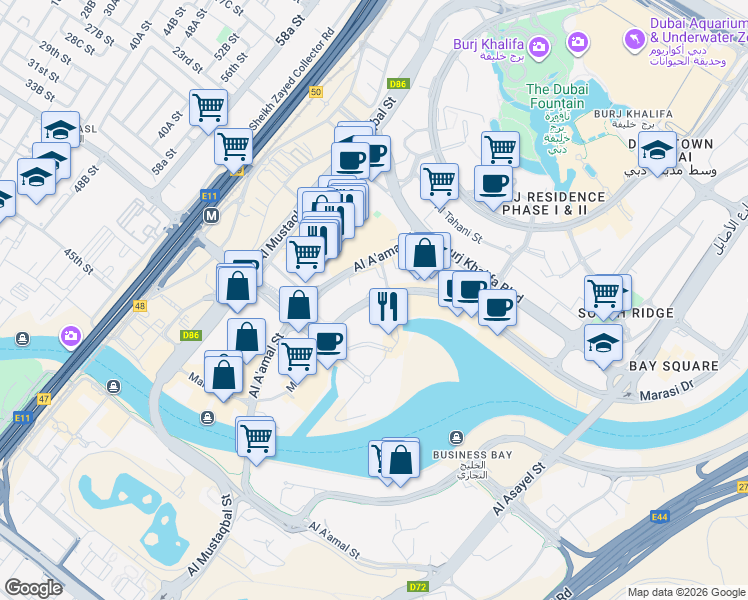 map of restaurants, bars, coffee shops, grocery stores, and more near Marasi Drive in Dubai