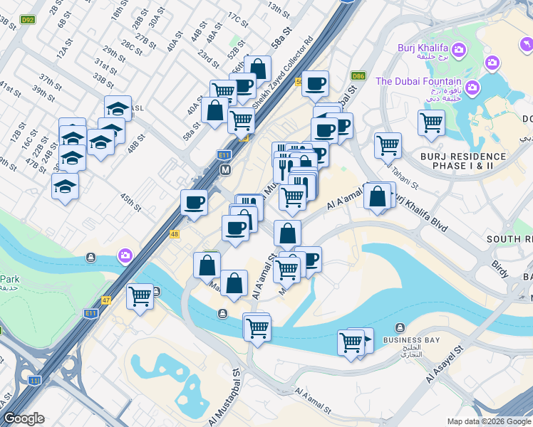 map of restaurants, bars, coffee shops, grocery stores, and more near Al Mustaqbal Street in Dubai