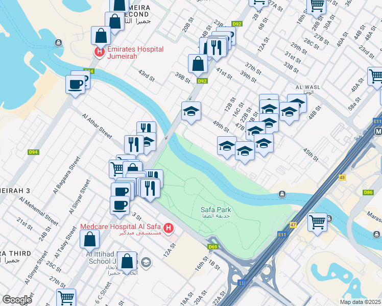 map of restaurants, bars, coffee shops, grocery stores, and more near 55th Street in Dubai