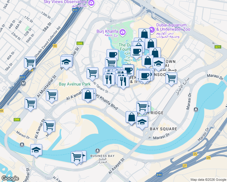 map of restaurants, bars, coffee shops, grocery stores, and more near Emaar Boulevard in Dubai