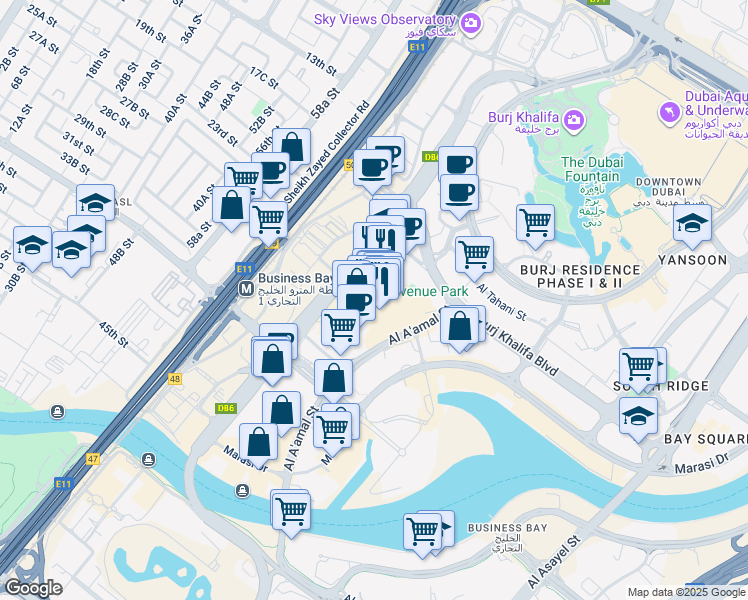 map of restaurants, bars, coffee shops, grocery stores, and more near in Dubai