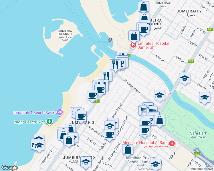 map of restaurants, bars, coffee shops, grocery stores, and more near Jumeirah Street in Dubai