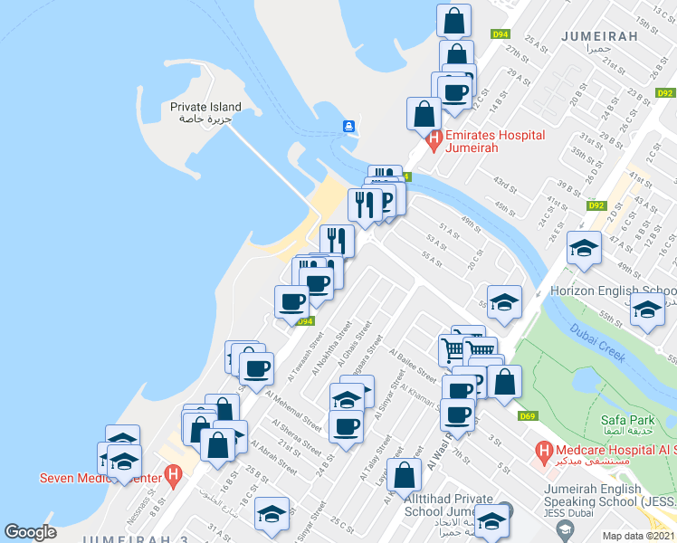 map of restaurants, bars, coffee shops, grocery stores, and more near Jumeirah Road in Dubai