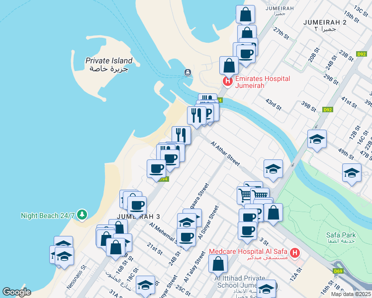 map of restaurants, bars, coffee shops, grocery stores, and more near Jumeirah Beach Road in Dubai
