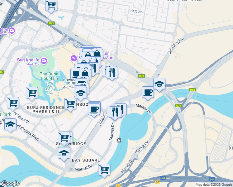 map of restaurants, bars, coffee shops, grocery stores, and more near Al Asayel Street in Dubai