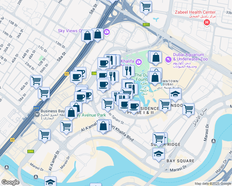 map of restaurants, bars, coffee shops, grocery stores, and more near in Dubai
