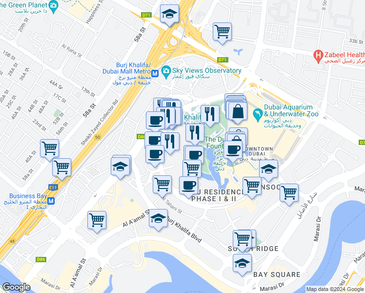 map of restaurants, bars, coffee shops, grocery stores, and more near 21 Sheikh Mohammed bin Rashid Boulevard in Dubai
