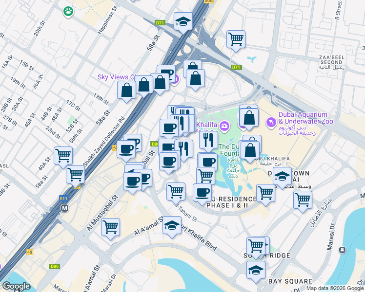 map of restaurants, bars, coffee shops, grocery stores, and more near Sheikh Mohammed bin Rashid Boulevard in Dubai