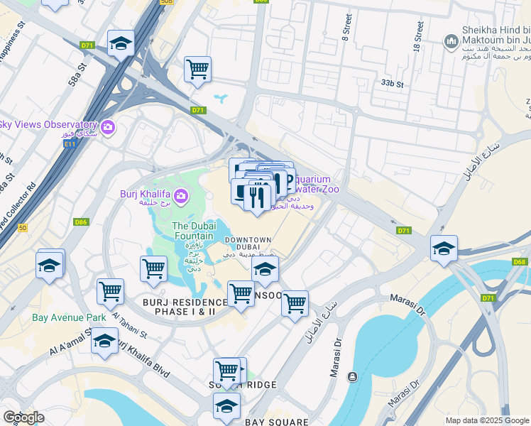 map of restaurants, bars, coffee shops, grocery stores, and more near Financial Center Road in Dubai